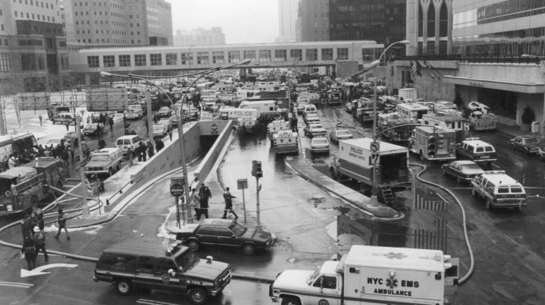 Dozens of emergency vehicles line West Street behind the World Trade Center after the explosion in the north tower on Feb. 26, 1993.