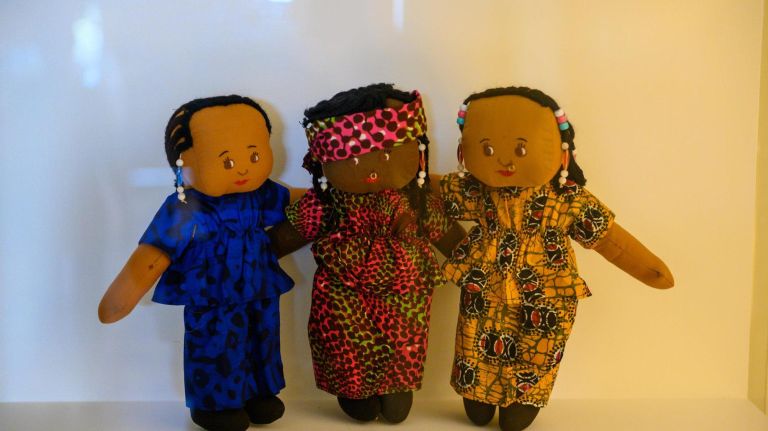 "Quashie Hand Crafted Dolls" by Katharine Clarissa Eileen McCray are displayed at Gracie Mansion.&nbsp;McCray is the mother of First Lady Chirlane McCray and the artwork depicts Chirlane, left, with her two sisters.&nbsp;