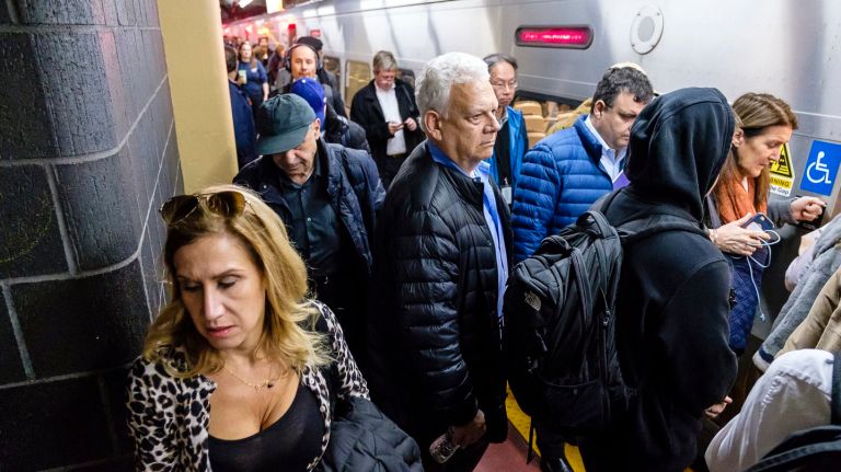 Narrow spaces along the platform for LIRR Track 17 create dangerous conditions for crowds of commuters boarding rush-hour trains at Penn Station.