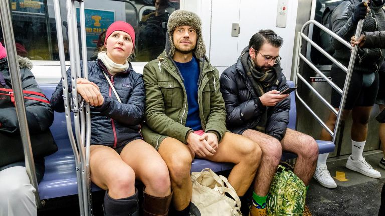 Ridind the 6 train to Union Square during the annual no pants subway ride at Foley Square, Sunday, Jan. 13, 2019.