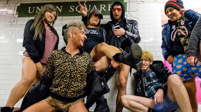All groups converge at Union Square during the annual no pants subway ride at Foley Square, Sunday, Jan. 13, 2019.