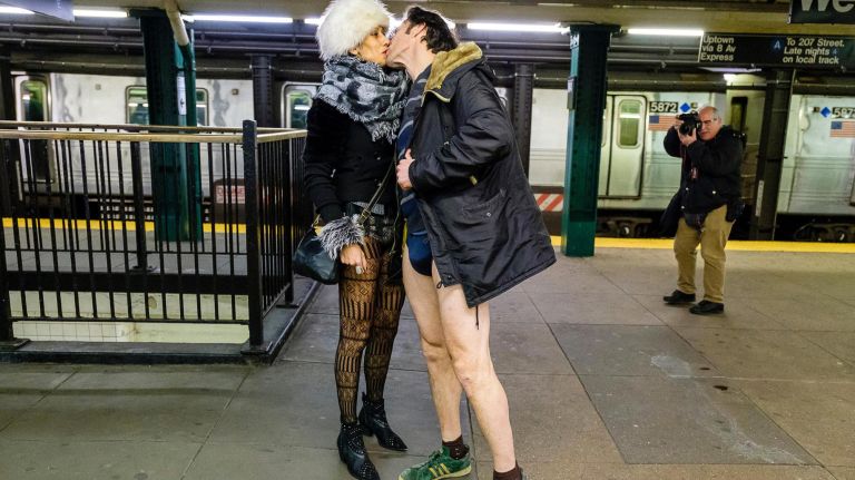 On the platform at West 4th Street during the annual no pants subway ride at Foley Square, Sunday, Jan. 13, 2019.