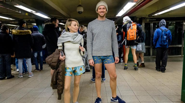 All groups converge at Union Square during the annual no pants subway ride at Foley Square, Sunday, Jan. 13, 2019.