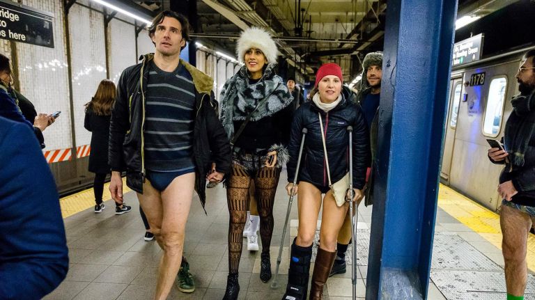 All groups converge at Union Square during the annual no pants subway ride at Foley Square, Sunday, Jan. 13, 2019.