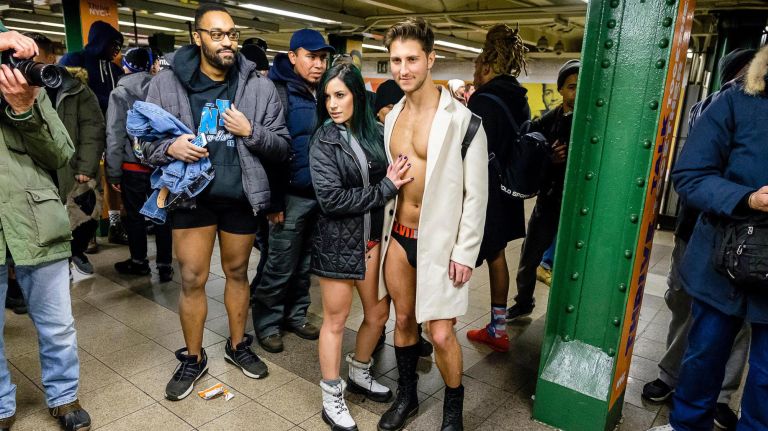 All groups converge at Union Square during the annual no pants subway ride at Foley Square, Sunday, Jan. 13, 2019.