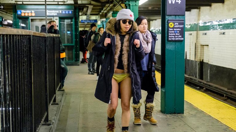 On the platform at West 4th Street during the annual no pants subway ride at Foley Square, Sunday, Jan. 13, 2019.