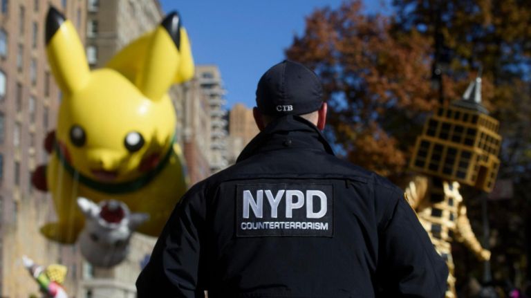 A member of the NYPD's Counterterrorism Bureau patrols during the 92nd Macy's Thanksgiving Day Parade in Manhattan. NYPD Commissioner James O'Neill said there is no specific threat against this year's parade.