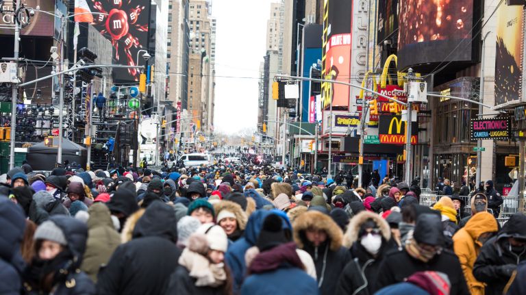 Crowds fill Times Square before the New Year's Eve celebration in Manhattan on Sunday, Dec. 31, 2017.