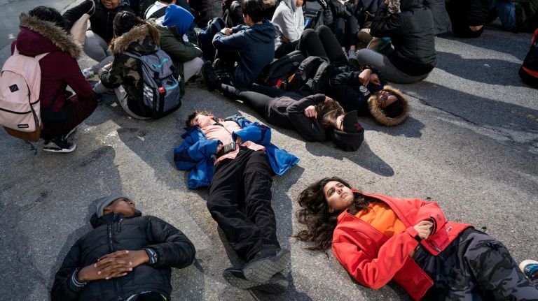 Best of 2018: Top New York City photos of the year 30 Students from LaGuardia High School on the Upper West Side of Manhattan sit and lay down as they join thousands of students Wednesday, March 14, 2018, during a nationwide demonstration, one month after a gunman killed 17 people at a high school in Florida. The 17-minute protests unfolding at hundreds of schools are intended to pressure Congress to approve gun control legislation after the massacre at Marjory Stoneman Douglas High School in Parkland, Fla., and come 10 days before major protests in Washington and elsewhere.