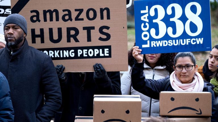 Best of 2018: Top New York City photos of the year 48 Leaders of the Retail, Wholesale and Department Store Union (RWDSU) UFCW, elected officials, progressive leaders and others gather at City Hall Park in lower Manhattan Wednesday, Nov. 28, 2018, as officials made an announcement about Amazon workers and New York City. This announcement comes amid growing backlash to AmazonÕs #HQ2 deal to open a new corporate headquarters in Long Island City. It follows on the heels of large protests against Amazon on Monday in New York City, and on black Friday throughout Europe, where AmazonÕs warehouse workers have held strikes in recent months demanding better treatment.