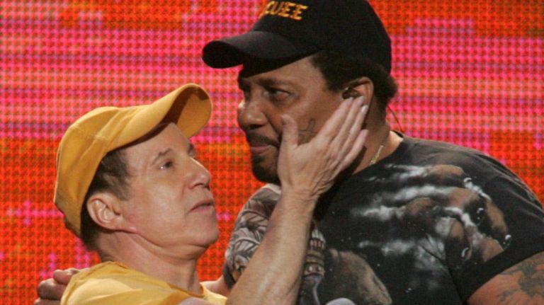 Art Garfunkel and Paul Simon join forces again at the 2005 Hurricane Katrina benefit concert at Madison Square Garden. The duo performed 