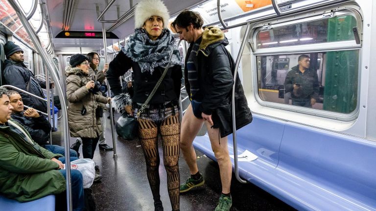 Riding the E train during the annual no pants subway ride at Foley Square, Sunday, Jan. 13, 2019.