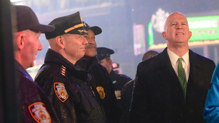 Many people attended the Times Square New Year's Eve ball drop in Times Square, many getting there early in the morning. NYPD Commissioner James O'Neill supervises the celebration in Times Square himself flanked by top cops including Chief of Department Terrence Monahan.