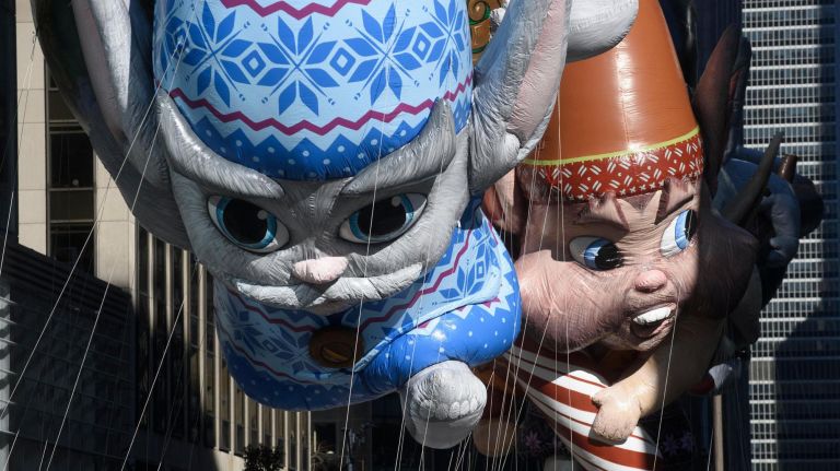 Fleck, Bjorn, Jojo and Hugg float above Sixth Avenue during the 92nd Macy's Thanksgiving Day Parade in Manhattan.