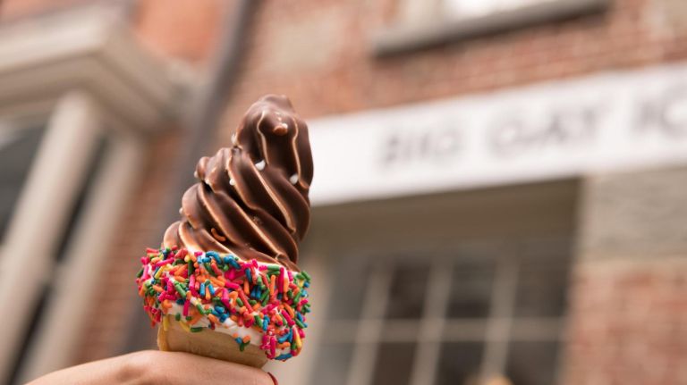 Big Gay Ice Cream embraces a seaside vibe with latest NYC location 5 The Merlin cone is vanilla ice cream dipped in chocolate surrounded by rainbow sprinkles.