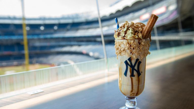 This elaborate milkshake stand hits a home run with milky, gooey goodness dressed up in huge glasses with the Yankees' logo. New for the 2019 season is the tres leches milkshake (pictured), topped with puffed rice, condensed milk and a tres leches cake. Where: Sections 112, 125 and 324 