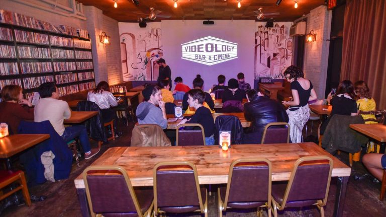 The cozy screening area at Videology fills up on&nbsp;Saturday.