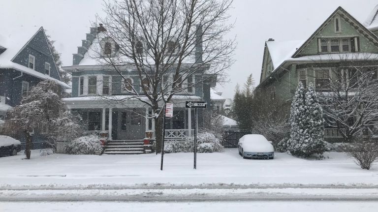 Snow falls in Prospect Park South on March 21, 2018.
