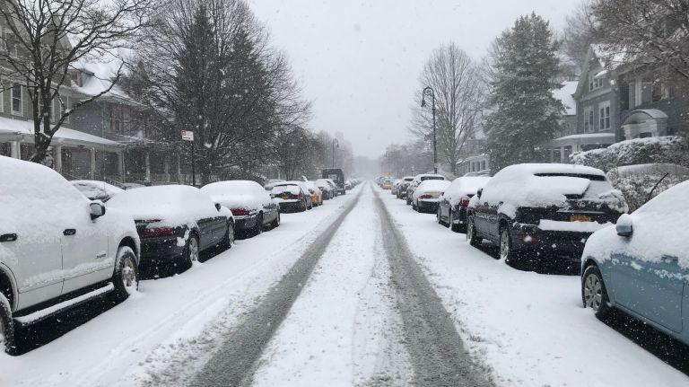 Snow falls in Prospect Park South on March 21, 2018.