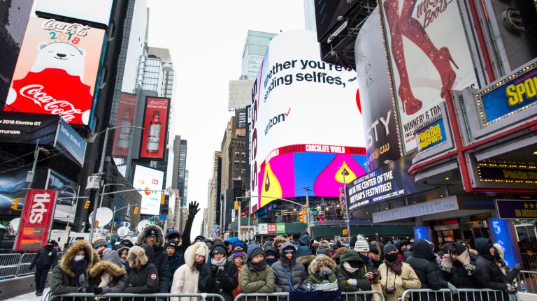 Revelers fill Times Square before the New Year's Eve celebration in Manhattan on Sunday, Dec. 31, 2017.