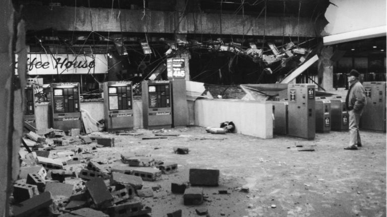 The concourse leading to the PATH train station at the World Trade Center is littered with debris from the explosion in the north tower on Feb. 26, 1993.