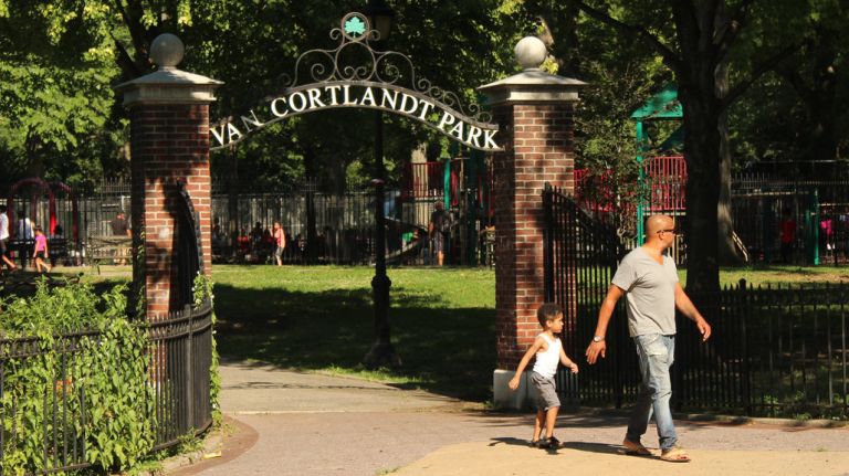 What to do and eat in Kingsbridge in the Bronx 12 This cozy corner of sprawling Van Cortlandt Park (240th Street and Broadway) offers benches to relax in the shade, as well as play equipment to help the kids burn off some energy. Van Cortlandt Stadium, constructed in 1939, is also nearby, where synthetic turf field and a quarter-mile running track are available to the public. Make sure to check out the monument to the city's first confirmed coyote sighting since 1946 -- it's right as you enter through the iron gates.