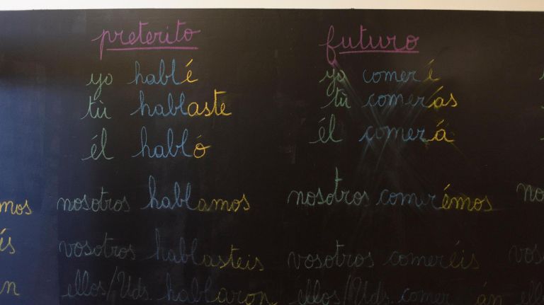 Idlewild has a classroom where visitors can learn languages. Pictured is a blackboard with Spanish verb conjugations.