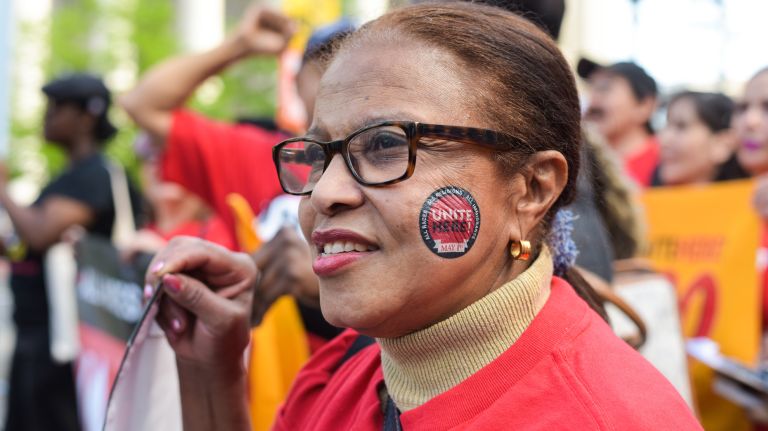 May Day protests: Photos of the 2017 NYC demonstrations 29 Angelica Martes, 67, attends a May Day rally in Foley Square in Manhattan on May 1, 2017.