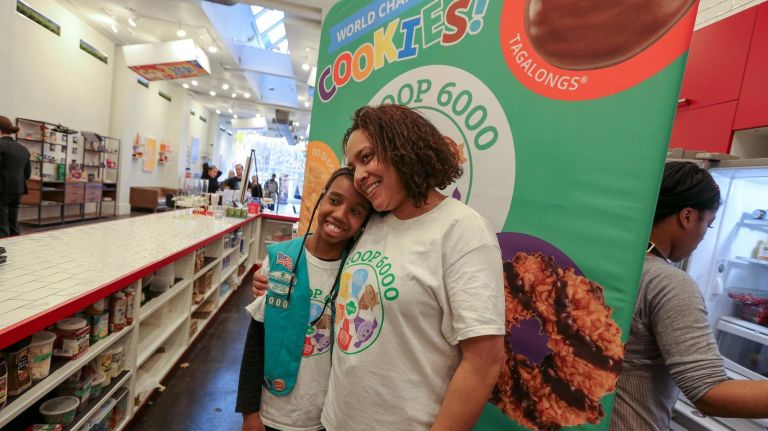 Homeless Girl Scouts extend cookie sale in Union Square 14 Sanaa, 10, poses with troop founder Giselle Burgess at the Kellogg's NYC Cafe in Union Square, where the troop is trying to sell 6,000 boxes of cookies.
