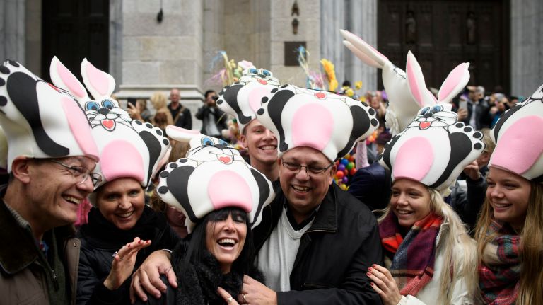 People gather on Fifth Avenue for the Easter parade and bonnet festival.