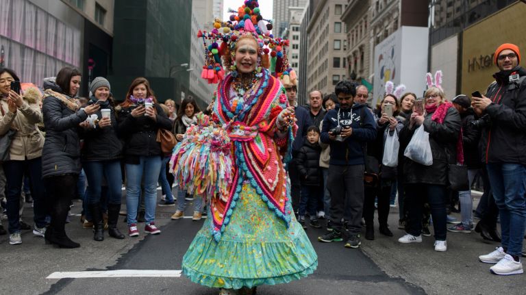 A colorful Easter outfit on Fifth Avenue.