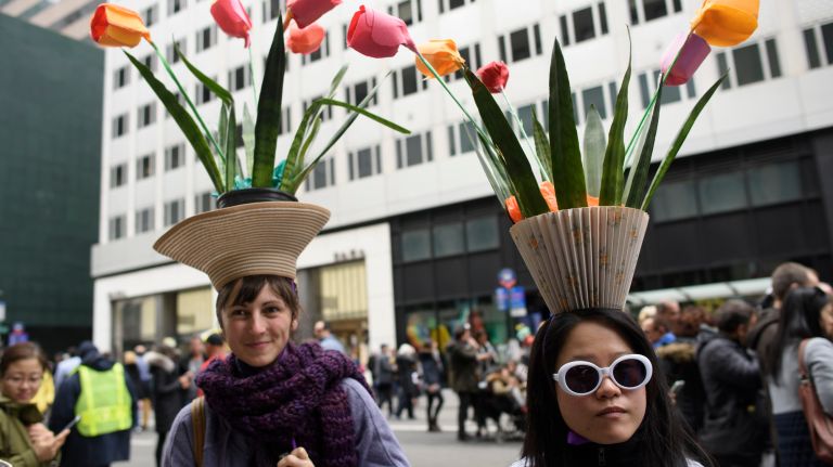 People gather on Fifth Avenue for the Easter parade and bonnet festival.