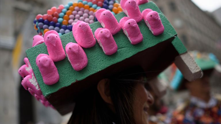 One paradegoer's hat was made out of Peeps.