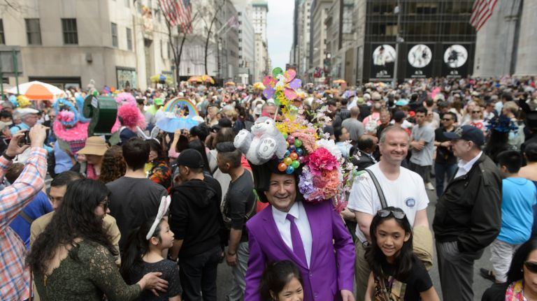 Participants and spectators on Fifth Avenue during the Easter Parade and Bonnet Festival.