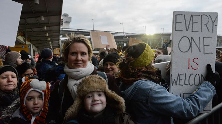 Cynthia Nixon joined protesters rallying against the travel ban at JFK Airport in Queens on Jan. 28, 2017. 