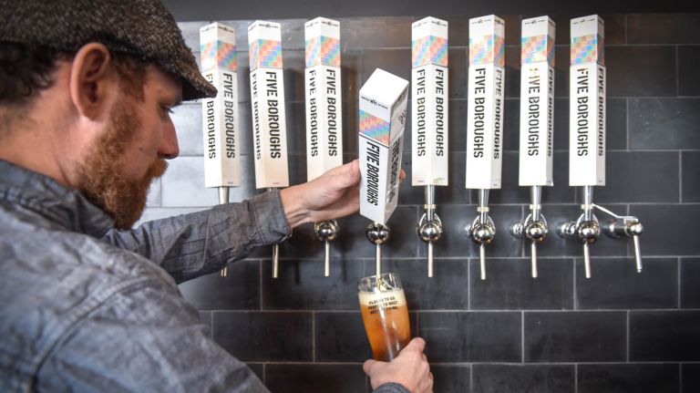 Sixteen beers are available on tap at Five Boroughs Brewing Co. in Sunset Park.