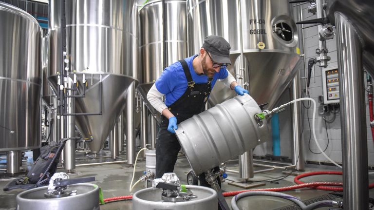 Assistant brewer Chris Weaber at Five Boroughs Brewing Co. in Sunset Park on Feb. 15, 2018.