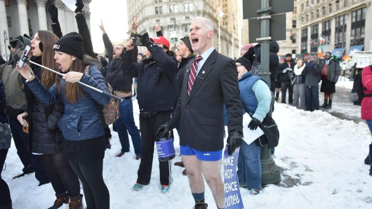 Glen Pannell of Bethpage, a Mike Pence look-alike, was one of hundreds of people who braved frigid temperatures on Sunday, Jan. 7, 2018.
