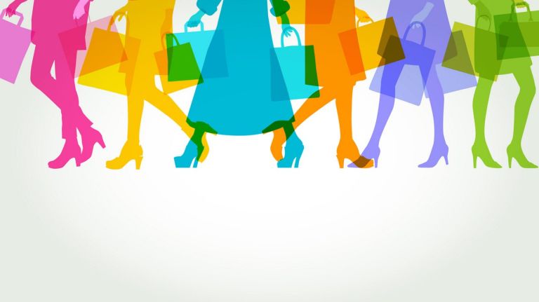 Colourful overlapping silhouettes of female High Street shoppers