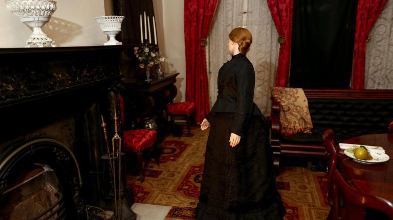 A mannequin of Seabury Tredwell's daughter wears a mourning dress at the exhibit called "A Good Death: 19th Century Lessons in Dying Well," which is part of the Halloween events at the Merchant's House Museum.