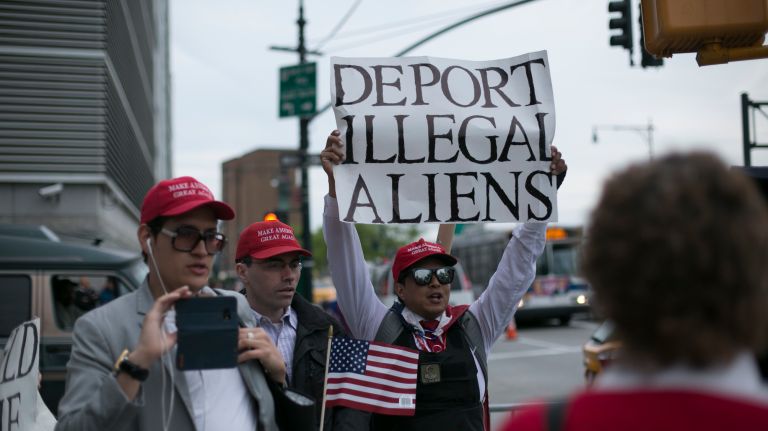 Pro-Trump demonstrators along the West Side Highway in Manhattan before the president's visit to the Intrepid Air and Space Museum, on May 4, 2017.