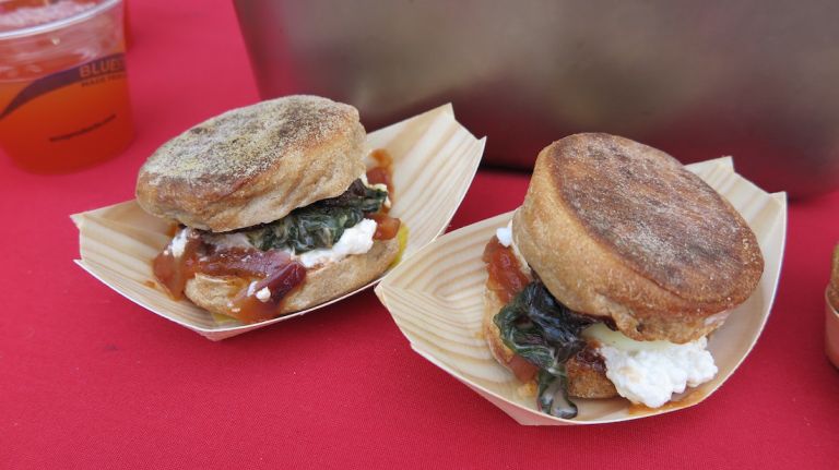 Red Table makes its own sourdough English muffins for the breakfast sandwiches with grains from the Finger Lakes. The Lionel Messi (all the sandwiches are named after people whose names sound like 