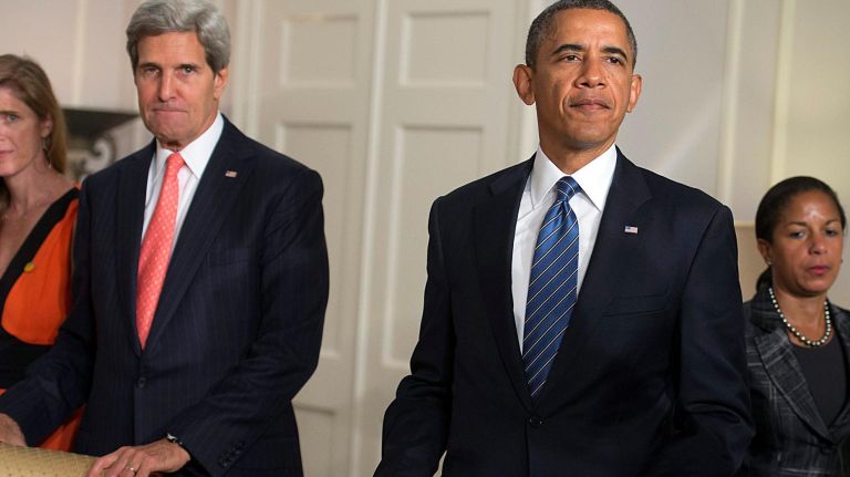 UN Ambassador Samantha Power left standing next to Secretary of State John Kerry, President Barak Obama and the United States National Security Advisor Susan Rice right after Obama's bilateral meeting with Nigerian president Goodluck Jonathan at the Waldorf Astoria Sept 23, 2013