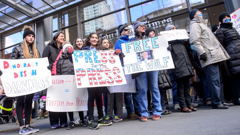 Protesters gather outside the New York Times building in midtown Manhattan for the March for a Free Press on Feb. 26, 2017.