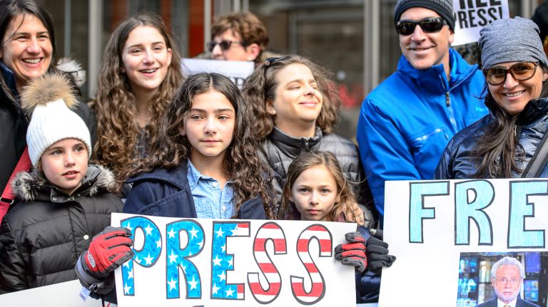 Protesters gather outside the New York Times building in midtown Manhattan for the March for a Free Press on Feb. 26, 2017.