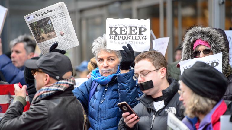 Protesters gather outside the New York Times building in midtown Manhattan for the March for a Free Press on Feb. 26, 2017.