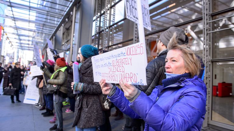 Protesters gather outside the New York Times building in midtown Manhattan for the March for a Free Press on Feb. 26, 2017.