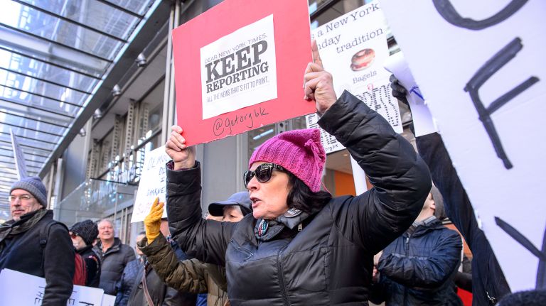 Protesters gather outside the New York Times building in midtown Manhattan for the March for a Free Press on Feb. 26, 2017.