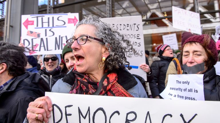 Protesters rally outside the New York Times building in midtown Manhattan during the March for a Free Press on Feb. 26, 2017.