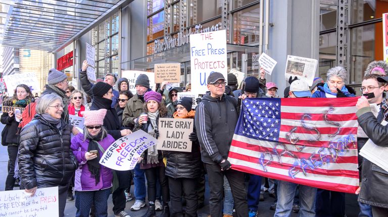 Protesters gather outside the New York Times building in midtown Manhattan for the March for a Free Press on Feb. 26, 2017.